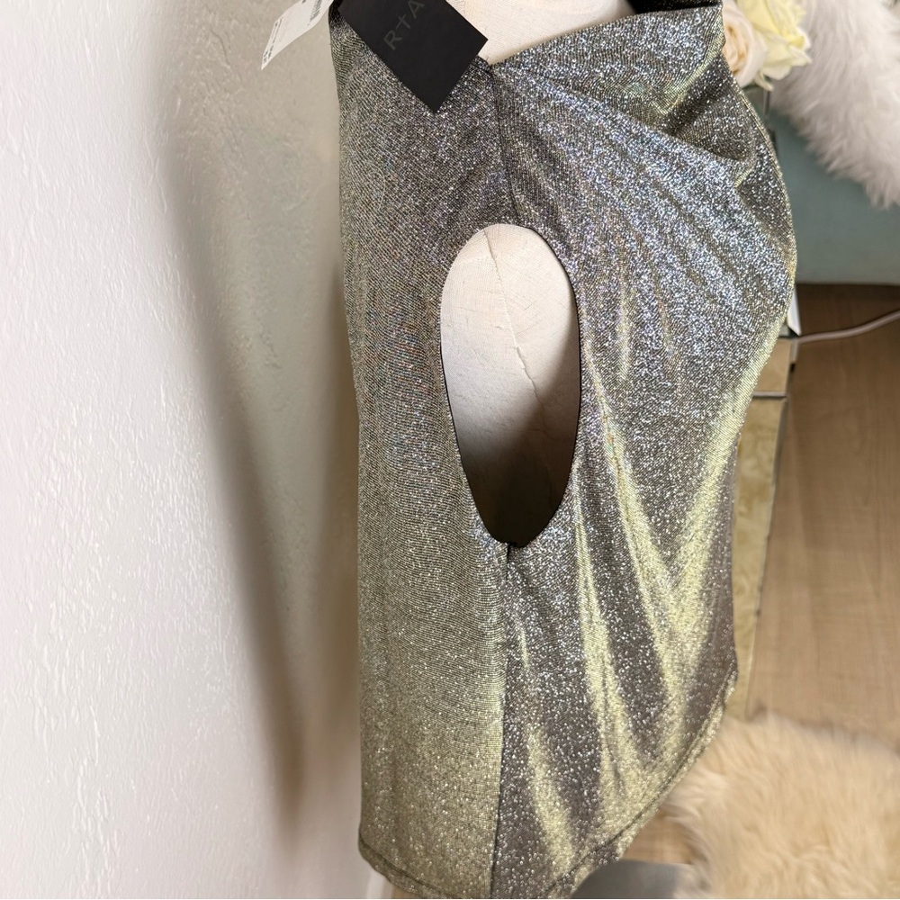 NWT RtA Disco‎ Metallic Draped Cowl Neck Sleeveless Top Silver Gold M Edgy Luxe - Picture 7 of 12